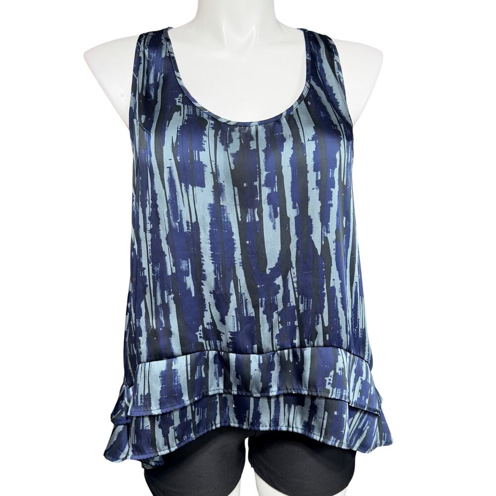 Apostrophe Womens Tank Top Blouse Scoop Neck Tiered Hem Blue Black Abstract XL